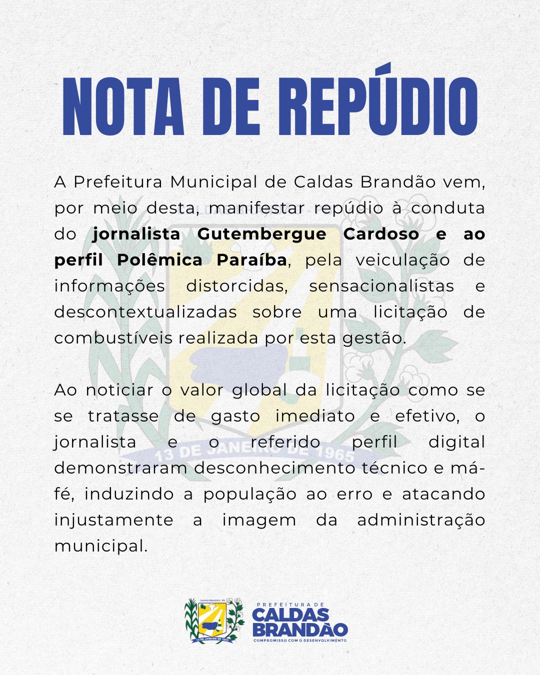 PREFEITURA DE CALDAS BRANDÃO EMITE NOTA DE REPÚDIO CONTRA INFORMAÇÕES DISTORCIDAS SOBRE LICITAÇÃO DE COMBUSTÍVEIS
