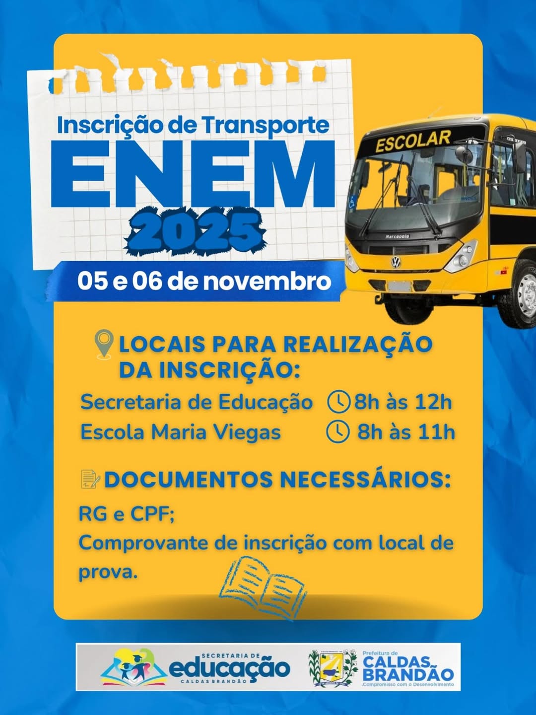 Prefeitura de Caldas Brandão abre inscrições para transporte gratuito de estudantes inscritos no Enem 2025