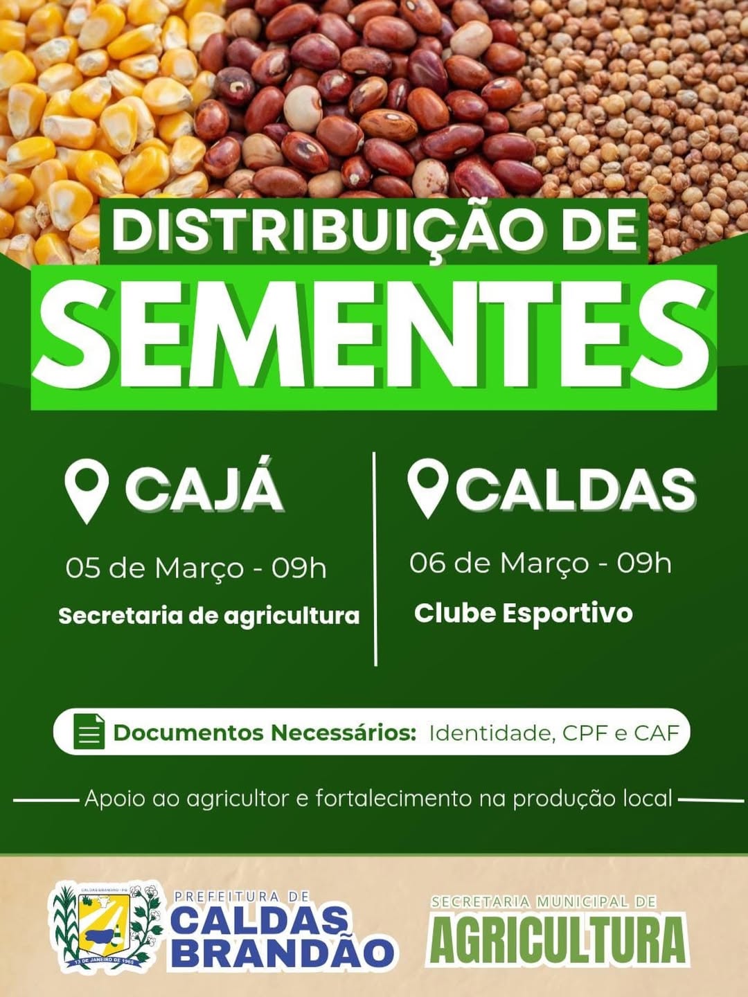 PREFEITURA DE CALDAS BRANDÃO REALIZARÁ ENTREGA DE SEMENTES DE MILHO E FEIJÃO PARA AGRICULTORES