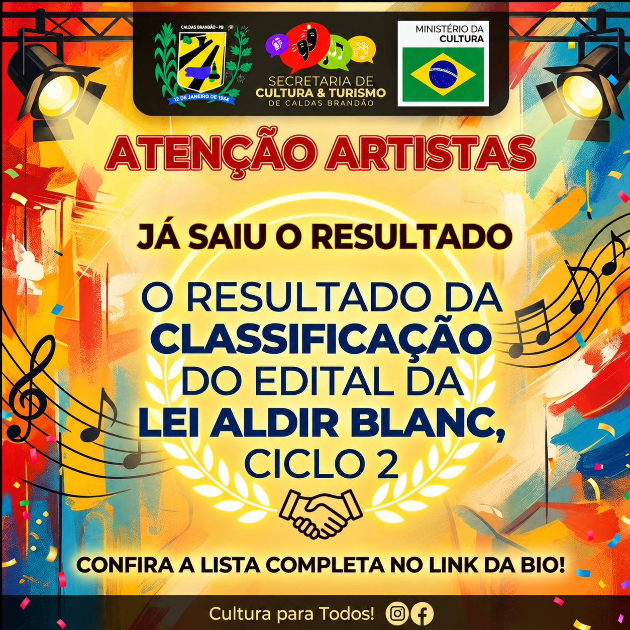 SECRETARIA DE CULTURA E TURISMO DE CALDAS BRANDÃO DIVULGA RESULTADO DE CLASSIFICAÇÃO DA LEI ALDIR BLANC – CICLO 2